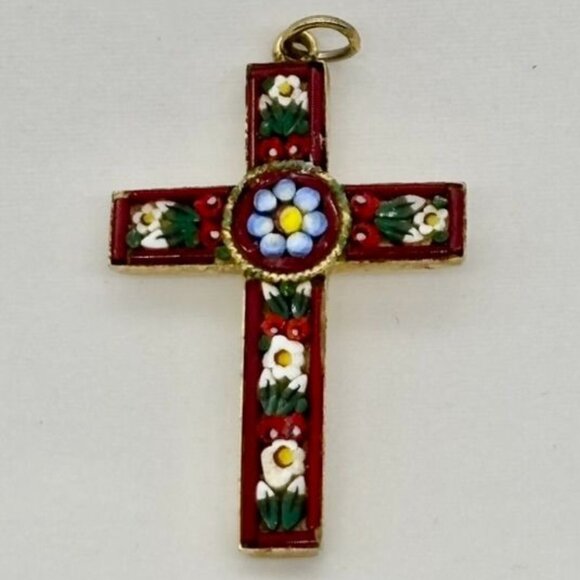 Vintage Italian Micro Mosaic Cross Gold-Tone Metal Red W/Blue White Green Marked - Picture 3 of 12